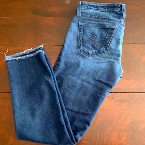 AG Boot-Cut Blue Jeans with Frayed Crop